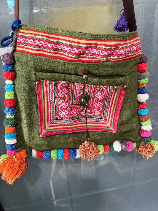 HMONG TRIBE HEMP NEEDLEWORK BAG WITH POM POMS