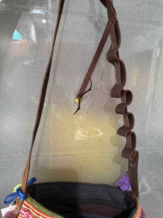 HMONG TRIBE HEMP NEEDLEWORK BAG WITH POM POMS