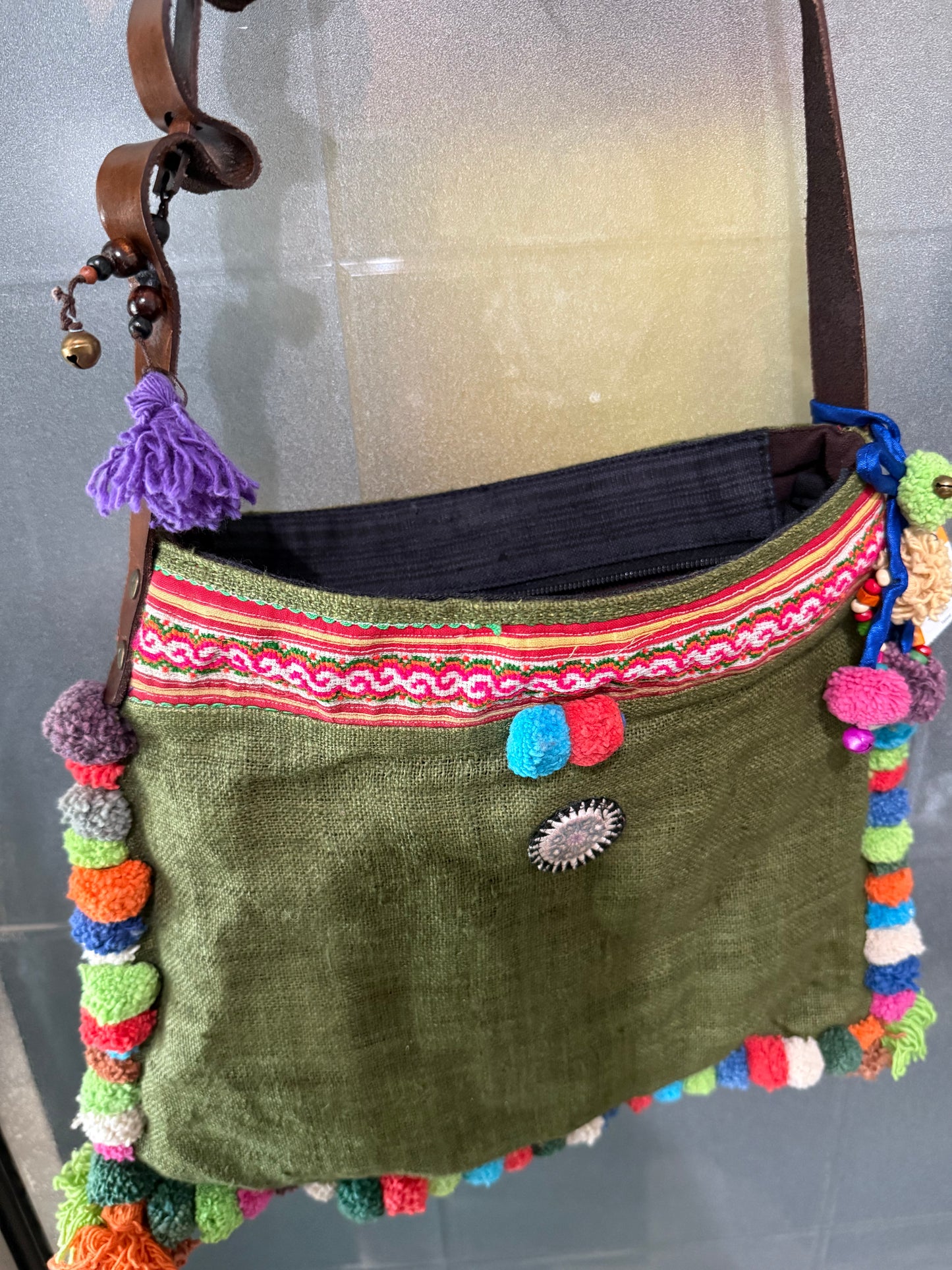 HMONG TRIBE HEMP NEEDLEWORK BAG WITH POM POMS