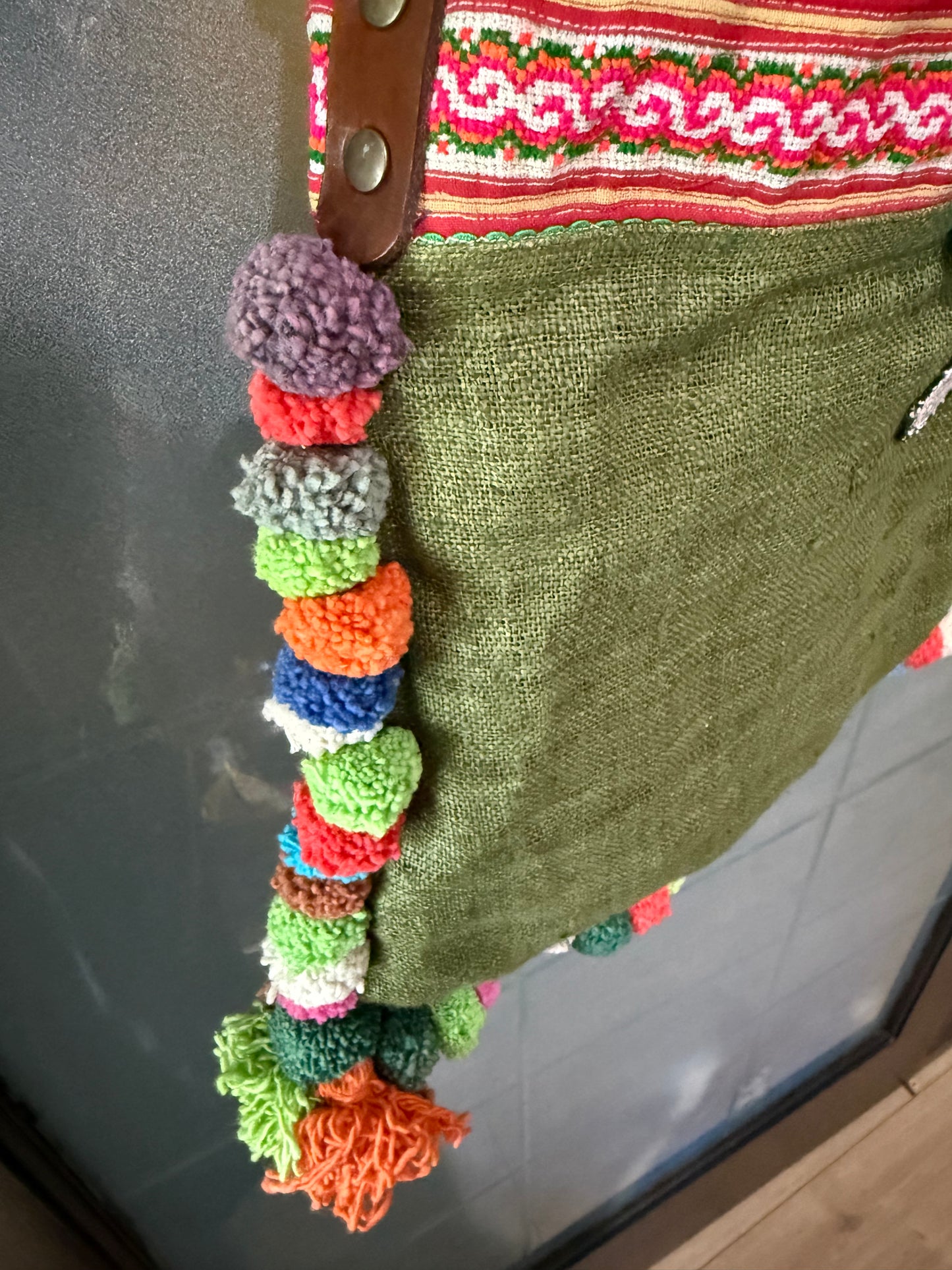 HMONG TRIBE HEMP NEEDLEWORK BAG WITH POM POMS