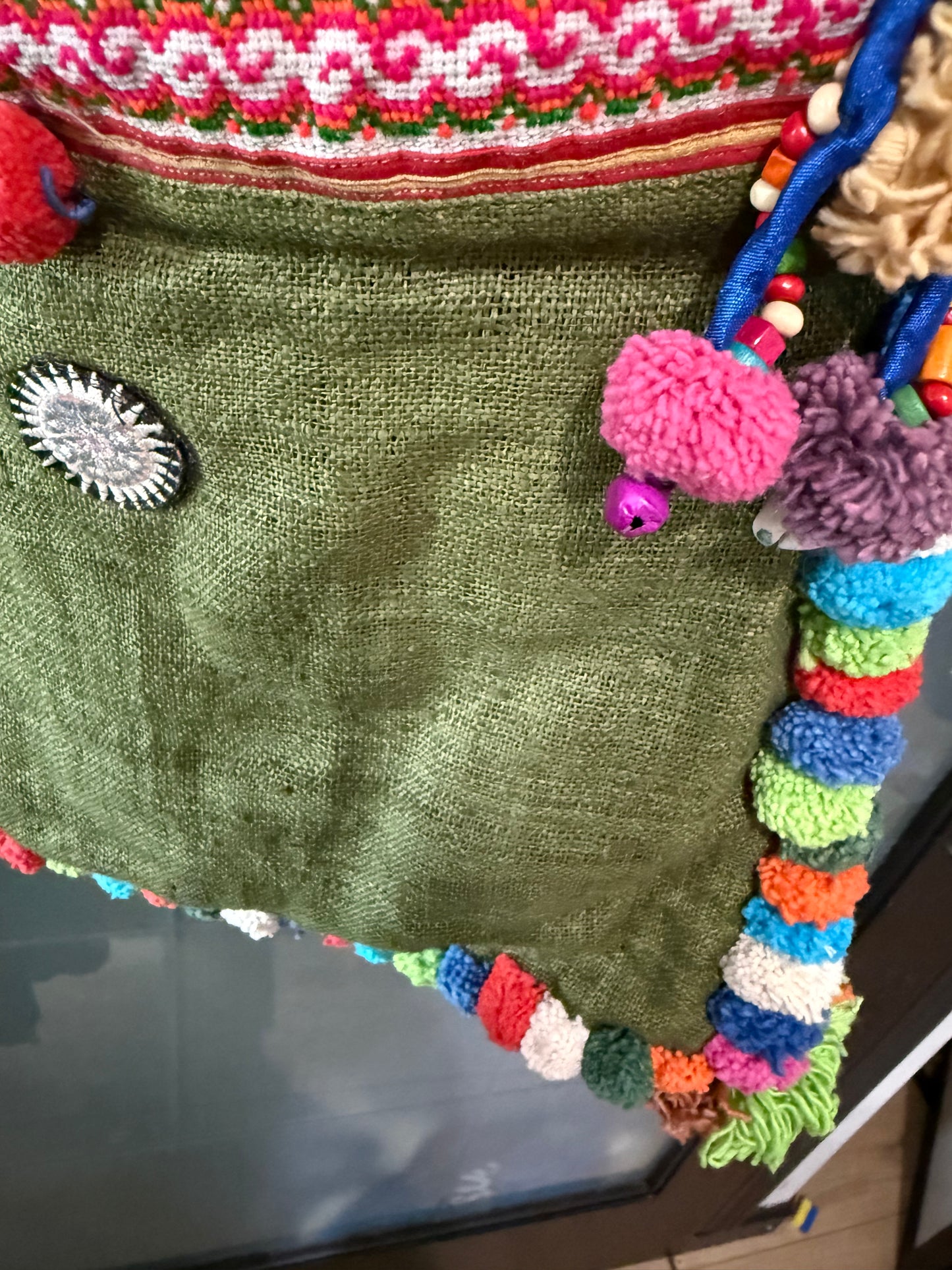 HMONG TRIBE HEMP NEEDLEWORK BAG WITH POM POMS