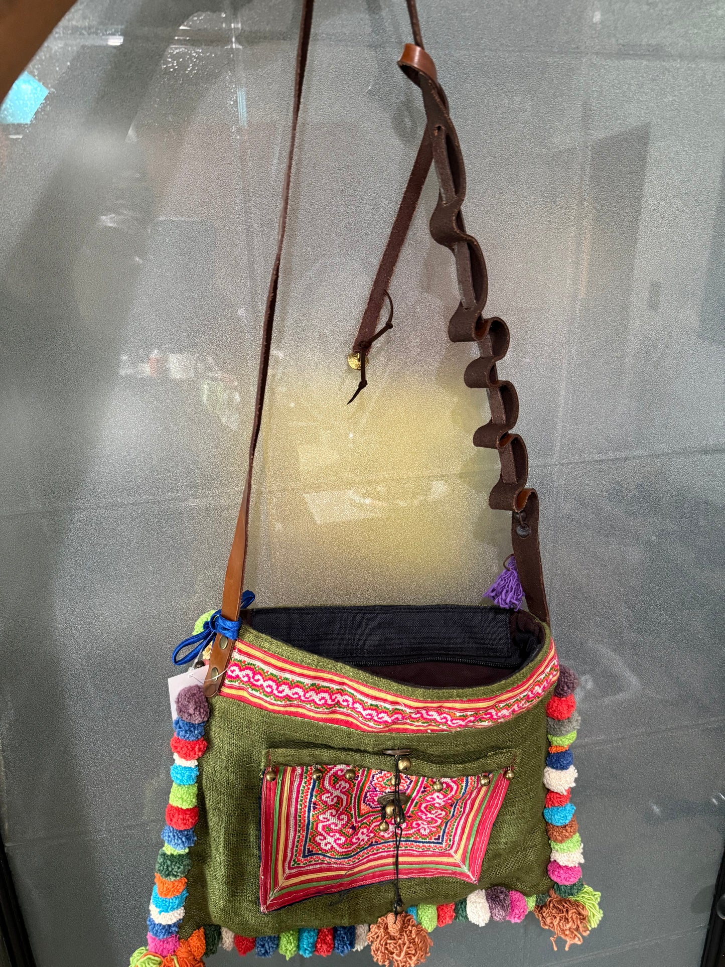 HMONG TRIBE HEMP NEEDLEWORK BAG WITH POM POMS