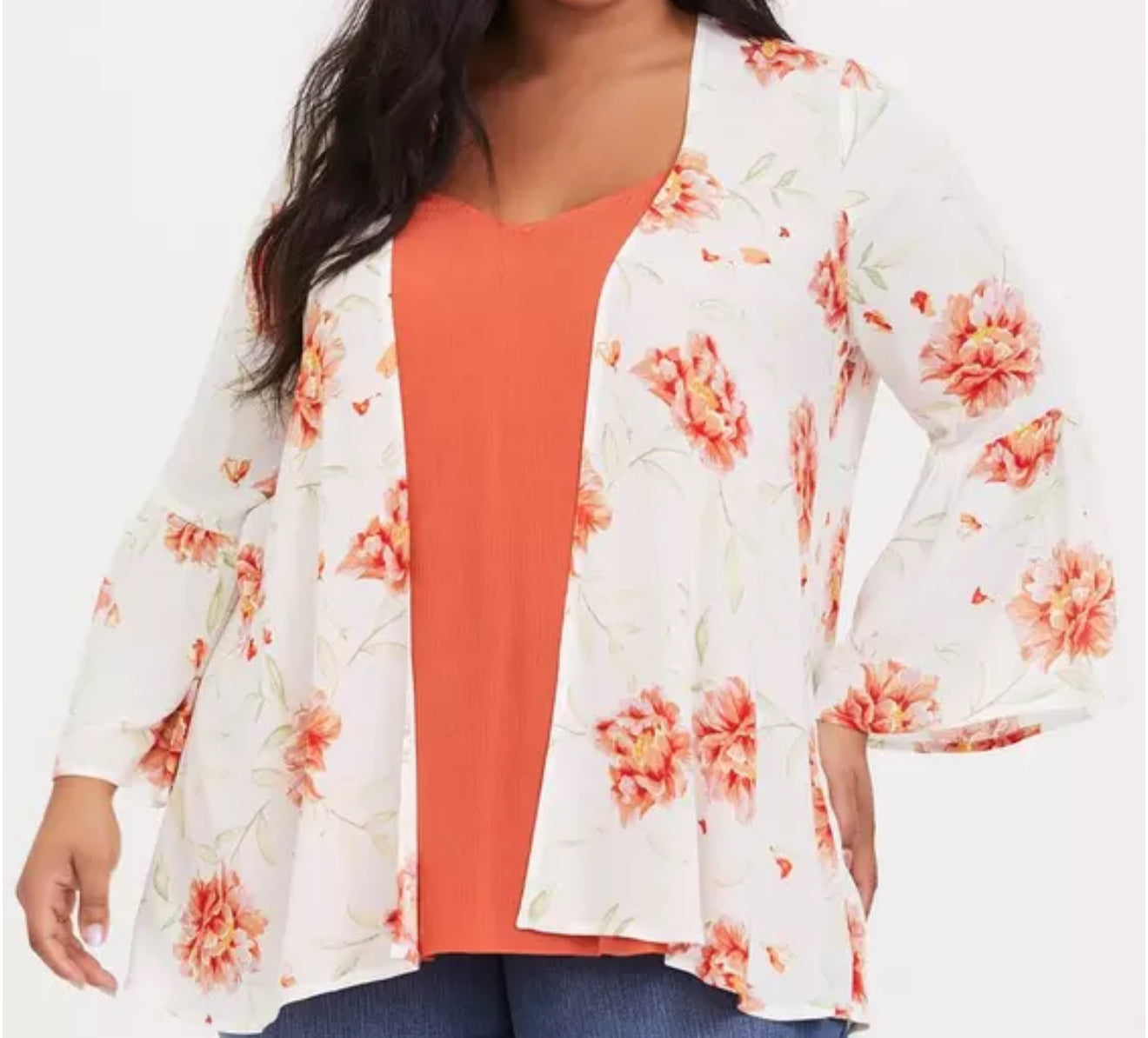 Ivory & Orange Floral Chiffon Kimono