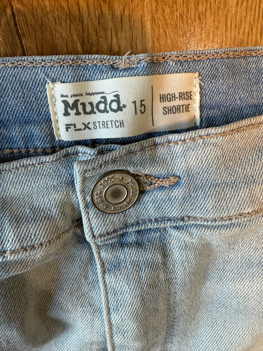 Mudd High-Rise Shortie FLX Stretch distressed Lace Denim Jean shorts Size 15